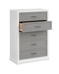 White and metallic gray Garretson Chest — 45-degree view with second drawer open