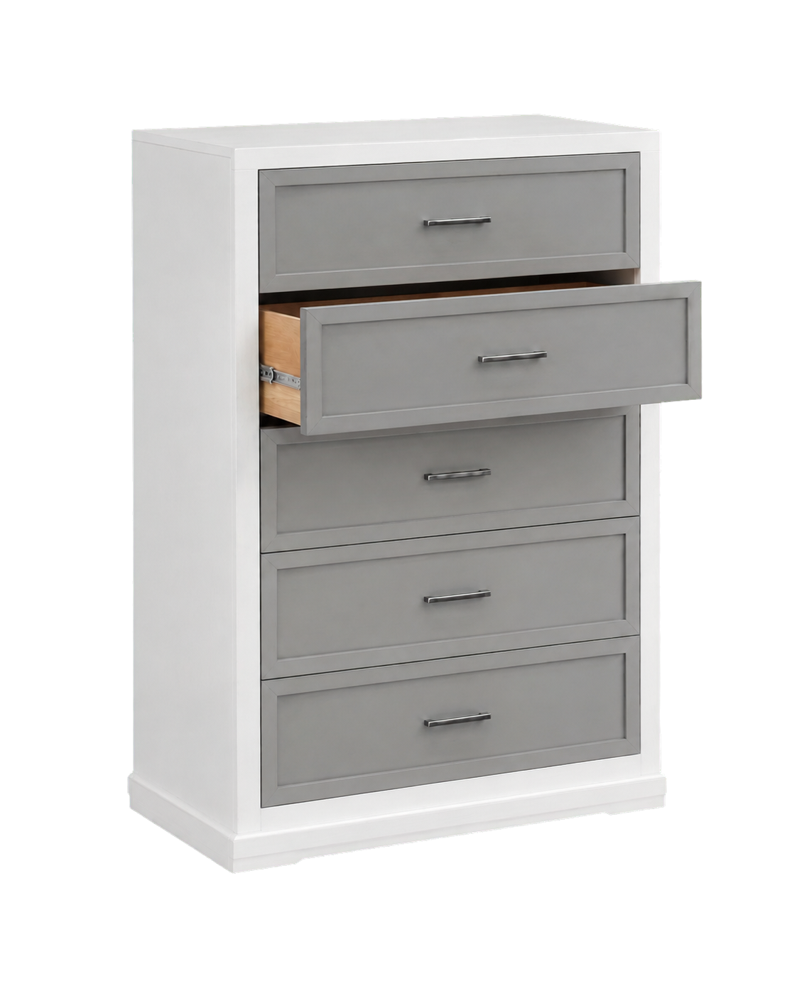 White and metallic gray Garretson Chest — 45-degree view with second drawer open