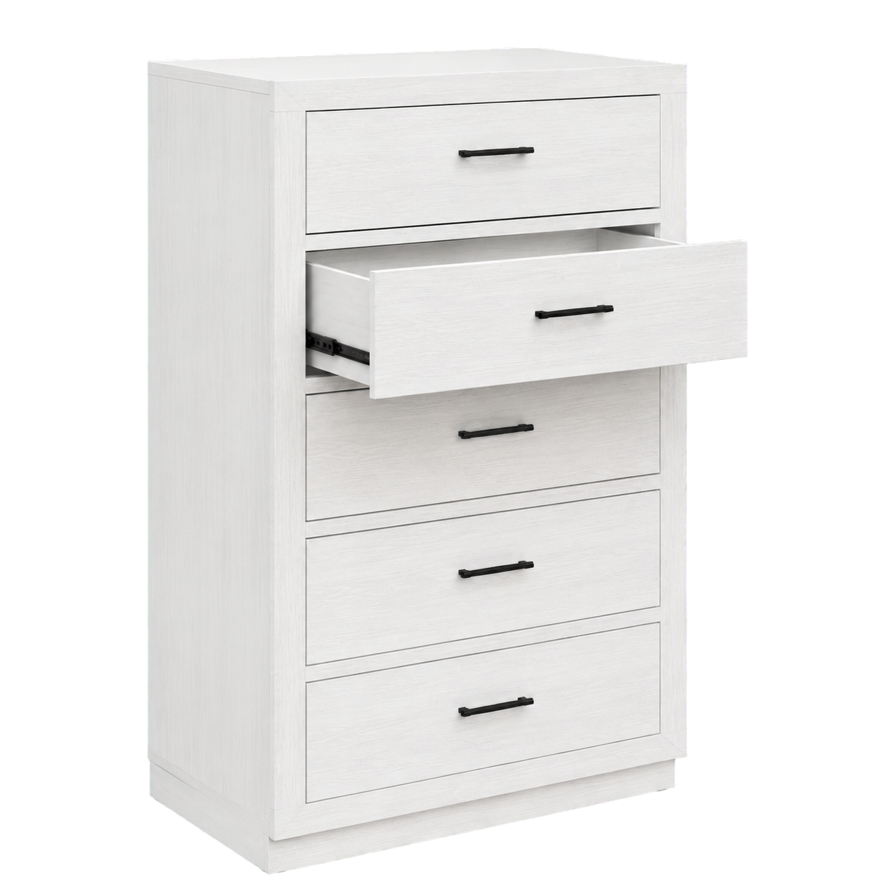 White Corbin Chest — 45-degree view with second drawer open