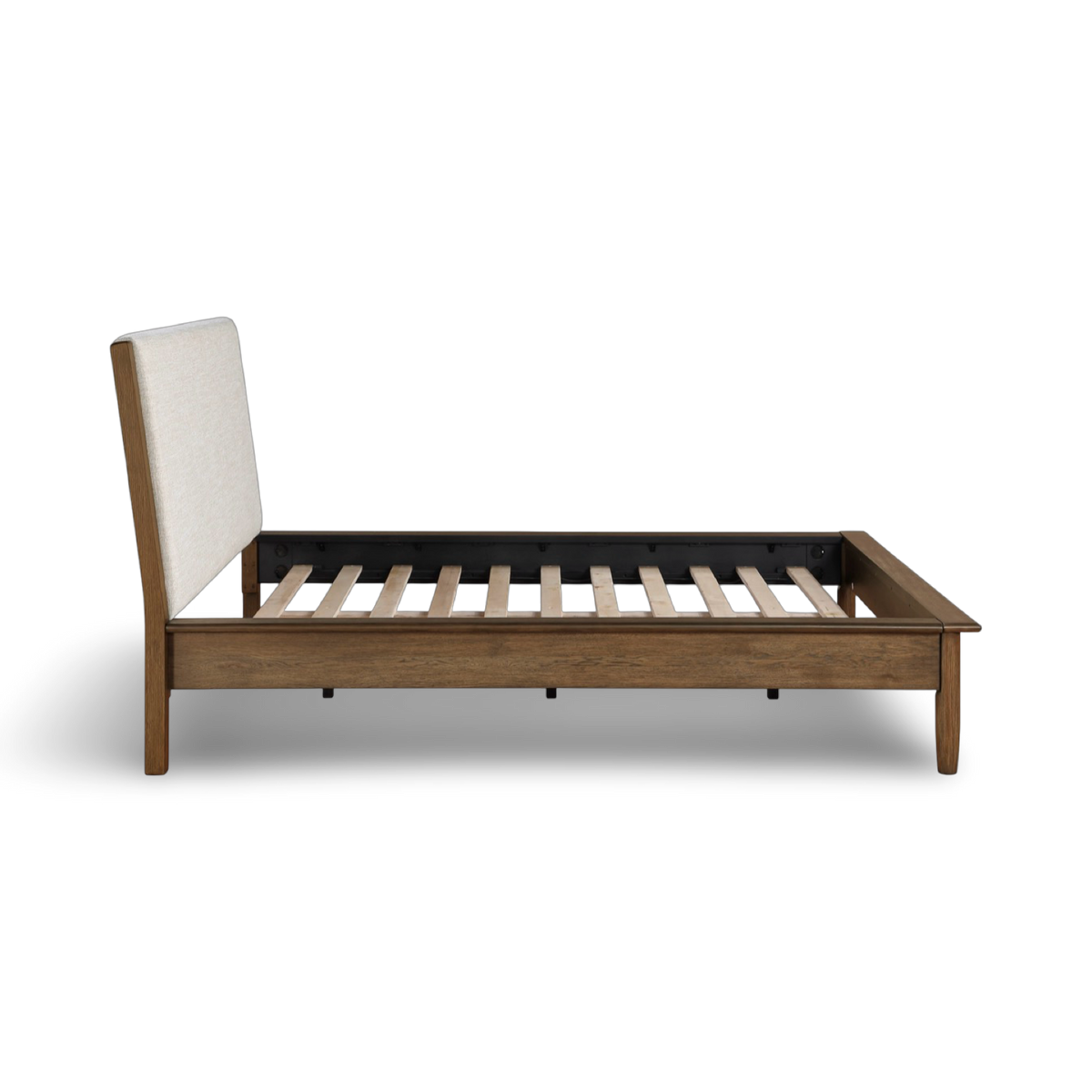 Mid-century modern wooden bed with upholstered headboard in walnut finish