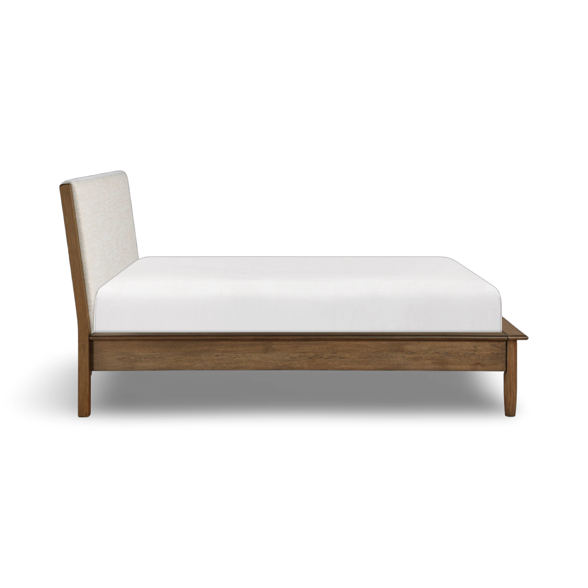 Mid-century modern wooden bed with upholstered headboard in walnut finish