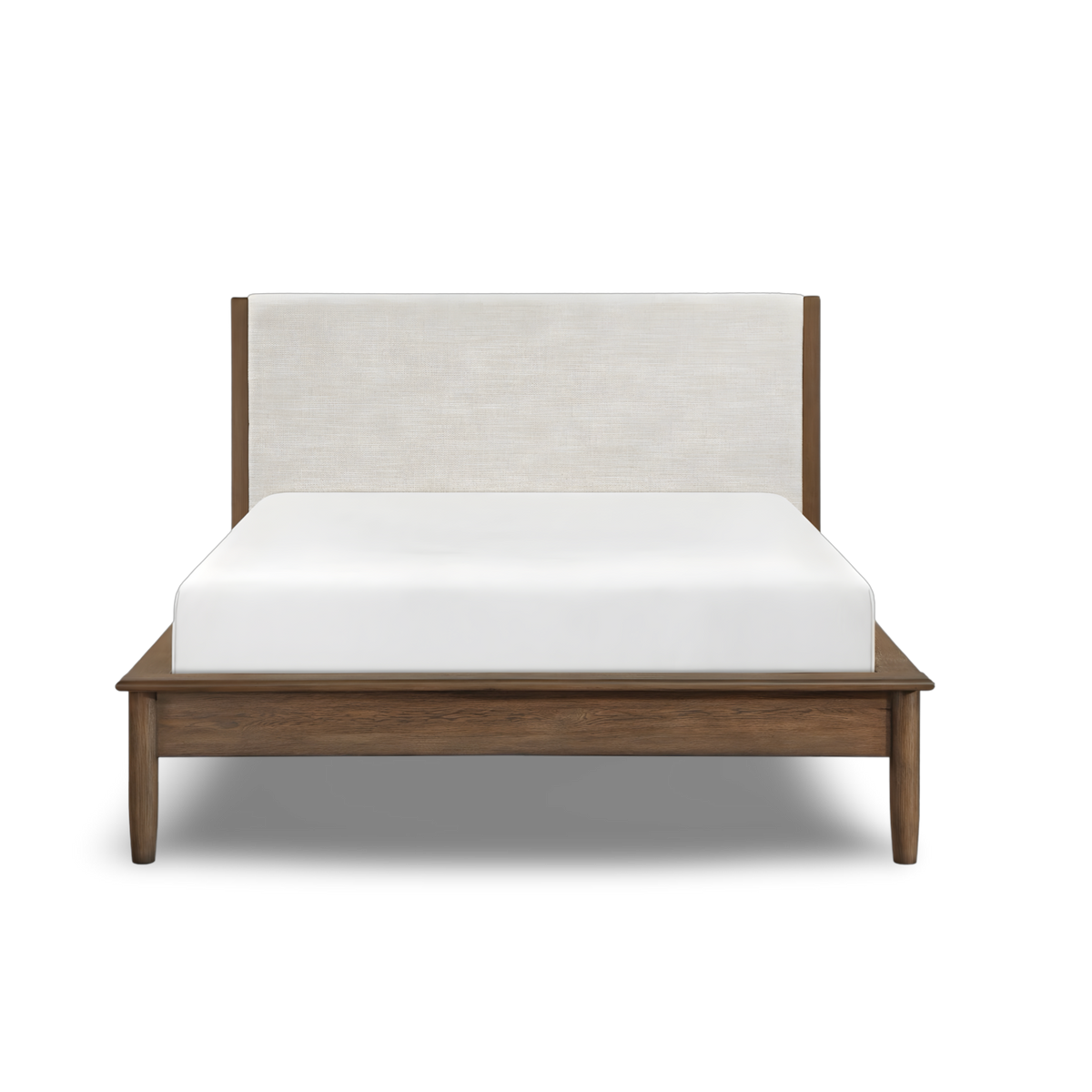 Mid-century modern wooden bed with upholstered headboard in walnut finish