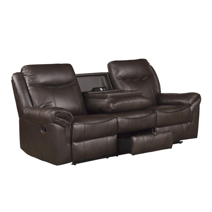 Aram Double Reclining Sofa with Center Drop-Down Cup Holders, Receptacles, Hidden Drawer and USB Ports (8206BRW-3)