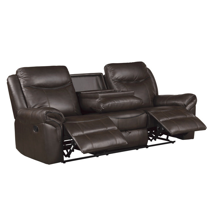 Aram Double Reclining Sofa with Center Drop-Down Cup Holders, Receptacles, Hidden Drawer and USB Ports (8206BRW-3)