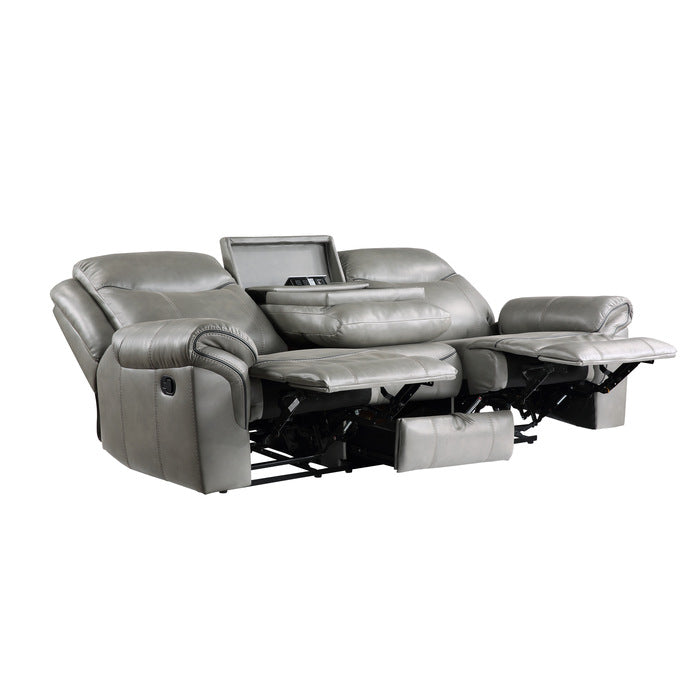 Aram Double Reclining Sofa with Center Drop-Down Cup Holders, Receptacles, Hidden Drawer and USB Ports (8206GRY-3)