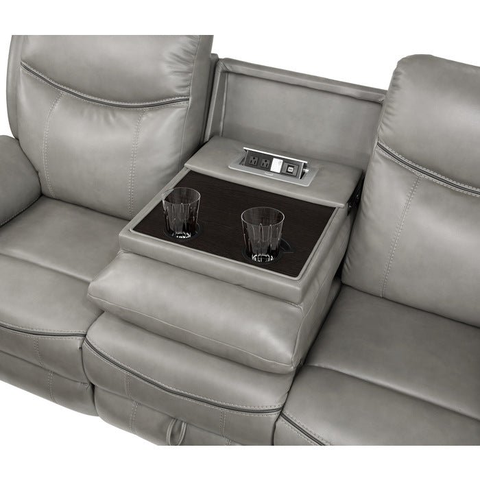 Aram Double Reclining Sofa with Center Drop-Down Cup Holders, Receptacles, Hidden Drawer and USB Ports (8206GRY-3)