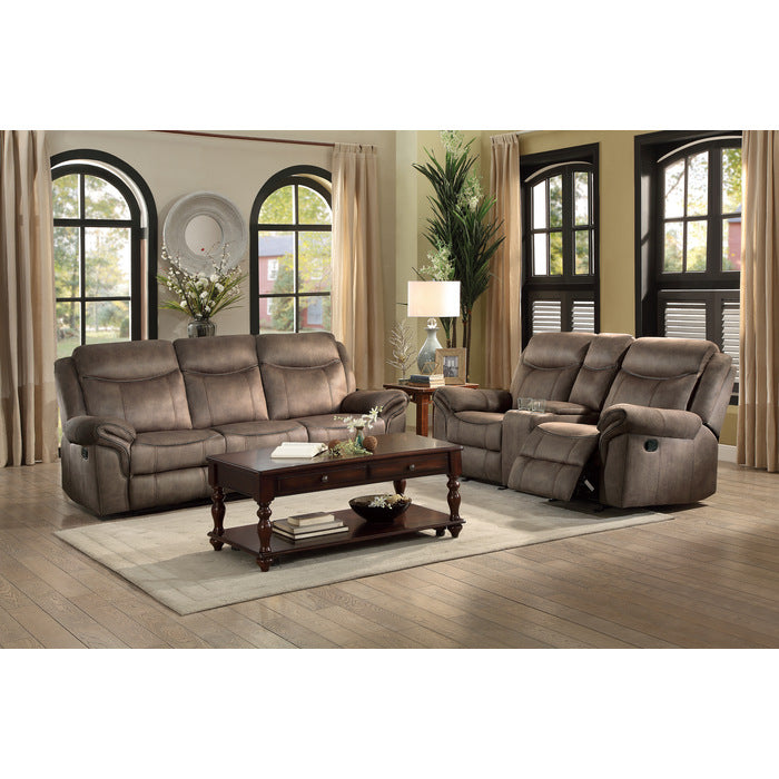 Aram Double Reclining Sofa with Center Drop-Down Cup Holders, Receptacles, Hidden Drawer and USB Ports (8206NF-3)