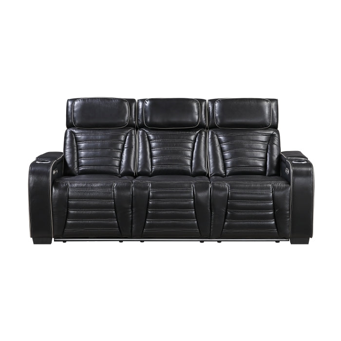 Cyber Power Double Reclining Sofa with Center Drop-Down Cup Holders, Power Headrests, Storage Arms(Top and Side) ,Cup holders, Reading Lights, Wireless Charger, Air Massage, Heat, LED Lighting and Charging Ports (8344BLK-3PWHM)