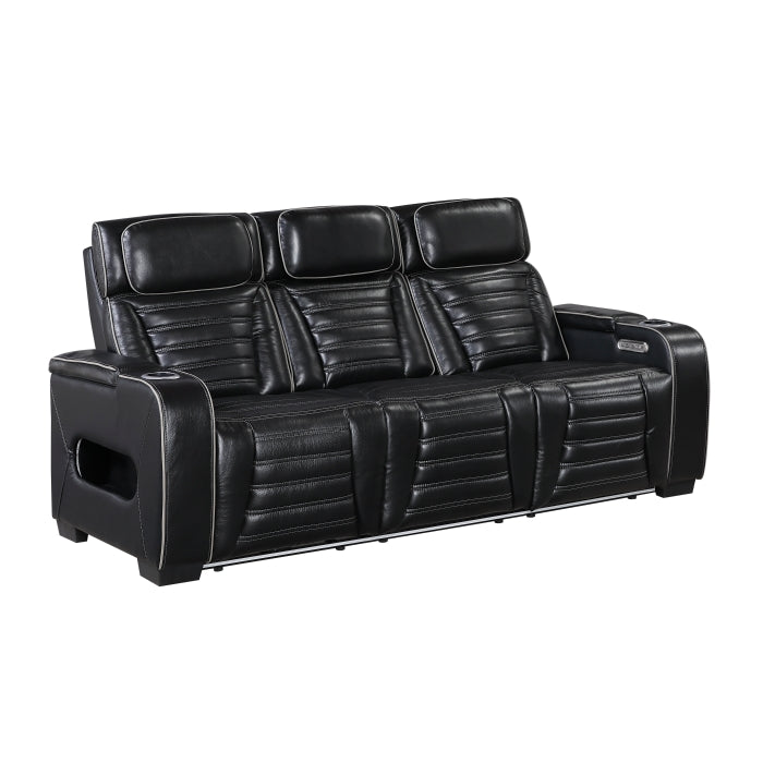 Cyber Power Double Reclining Sofa with Center Drop-Down Cup Holders, Power Headrests, Storage Arms(Top and Side) ,Cup holders, Reading Lights, Wireless Charger, Air Massage, Heat, LED Lighting and Charging Ports (8344BLK-3PWHM)
