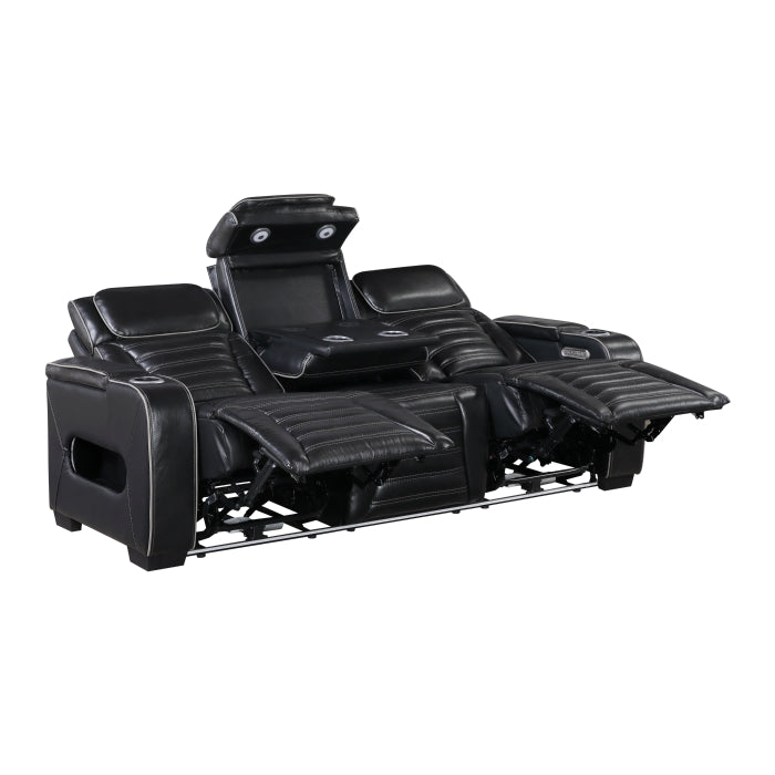 Cyber Power Double Reclining Sofa with Center Drop-Down Cup Holders, Power Headrests, Storage Arms(Top and Side) ,Cup holders, Reading Lights, Wireless Charger, Air Massage, Heat, LED Lighting and Charging Ports (8344BLK-3PWHM)