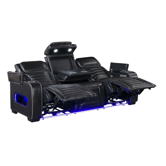 Cyber Power Double Reclining Sofa with Center Drop-Down Cup Holders, Power Headrests, Storage Arms(Top and Side) ,Cup holders, Reading Lights, Wireless Charger, Air Massage, Heat, LED Lighting and Charging Ports (8344BLK-3PWHM)