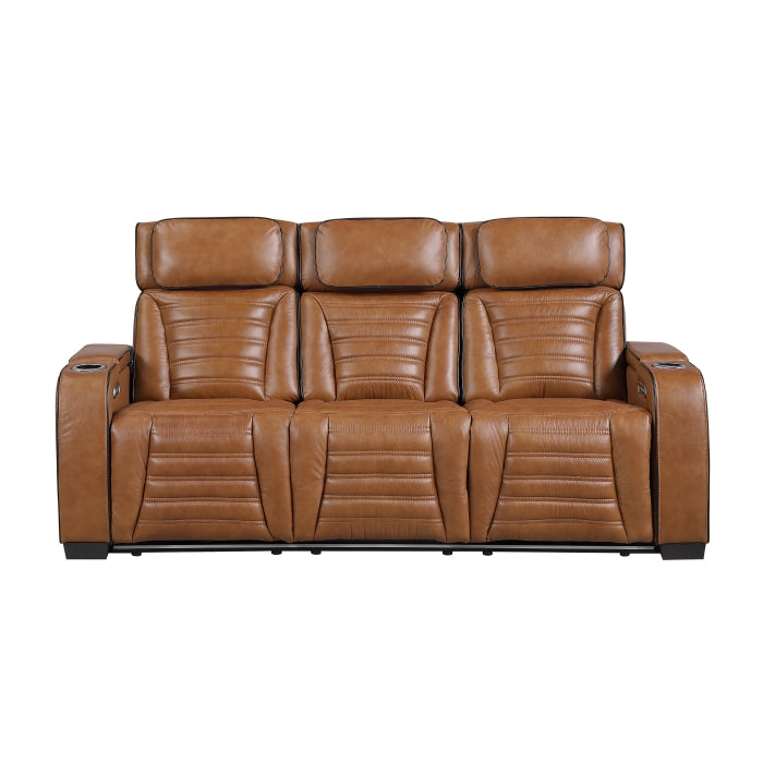 Cyber Power Double Reclining Sofa with Center Drop-Down Cup Holders, Power Headrests, Storage Arms(Top and Side) ,Cup holders, Reading Lights, Wireless Charger, Air Massage, Heat, LED Lighting and Charging Ports (8344BRW-3PWHM)
