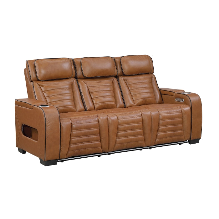Cyber Power Double Reclining Sofa with Center Drop-Down Cup Holders, Power Headrests, Storage Arms(Top and Side) ,Cup holders, Reading Lights, Wireless Charger, Air Massage, Heat, LED Lighting and Charging Ports (8344BRW-3PWHM)