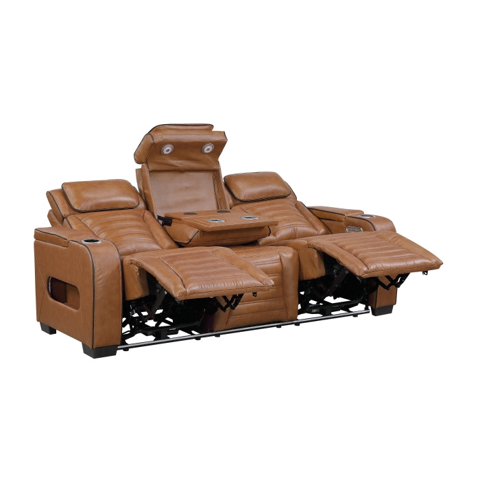 Cyber Power Double Reclining Sofa with Center Drop-Down Cup Holders, Power Headrests, Storage Arms(Top and Side) ,Cup holders, Reading Lights, Wireless Charger, Air Massage, Heat, LED Lighting and Charging Ports (8344BRW-3PWHM)
