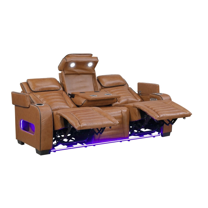 Cyber Power Double Reclining Sofa with Center Drop-Down Cup Holders, Power Headrests, Storage Arms(Top and Side) ,Cup holders, Reading Lights, Wireless Charger, Air Massage, Heat, LED Lighting and Charging Ports (8344BRW-3PWHM)