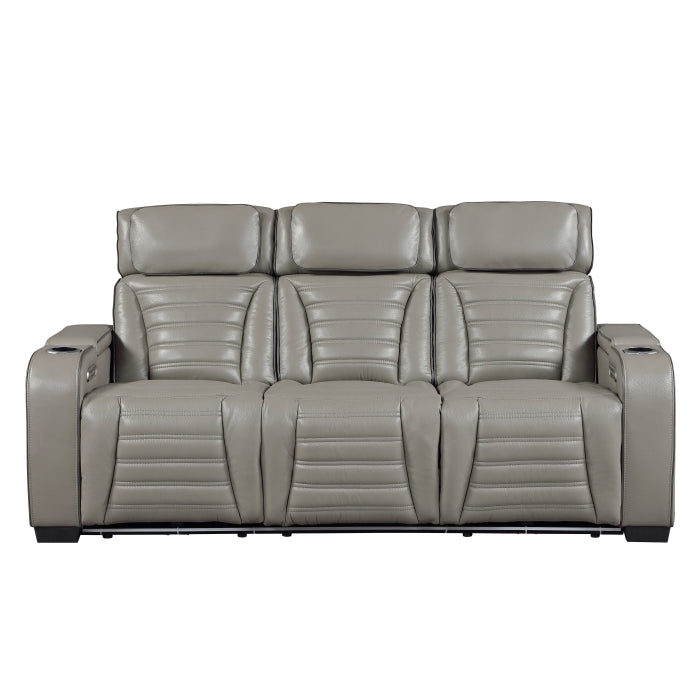Cyber Power Double Reclining Sofa with Center Drop-Down Cup Holders, Power Headrests, Storage Arms(Top and Side) ,Cup holders, Reading Lights, Wireless Charger, Air Massage, Heat, LED Lighting and Charging Ports (8344GRY-3PWHM)