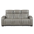 Cyber Power Double Reclining Sofa with Center Drop-Down Cup Holders, Power Headrests, Storage Arms(Top and Side) ,Cup holders, Reading Lights, Wireless Charger, Air Massage, Heat, LED Lighting and Charging Ports (8344GRY-3PWHM)