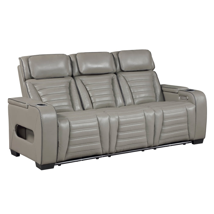 Cyber Power Double Reclining Sofa with Center Drop-Down Cup Holders, Power Headrests, Storage Arms(Top and Side) ,Cup holders, Reading Lights, Wireless Charger, Air Massage, Heat, LED Lighting and Charging Ports (8344GRY-3PWHM)