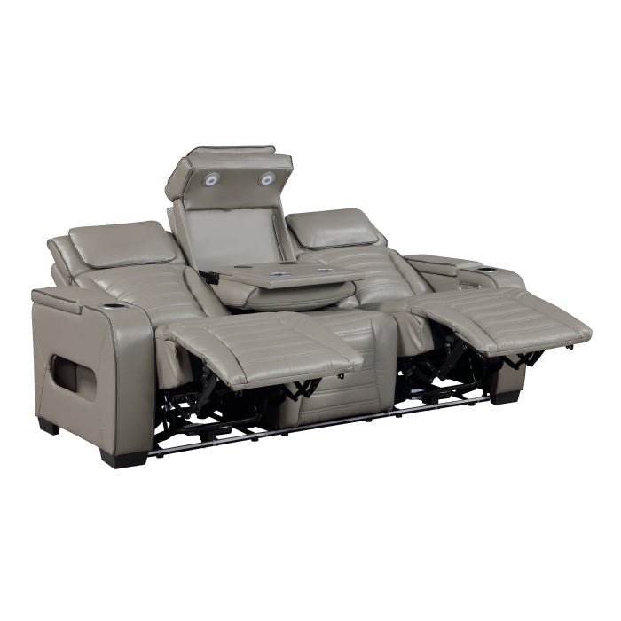 Cyber Power Double Reclining Sofa with Center Drop-Down Cup Holders, Power Headrests, Storage Arms(Top and Side) ,Cup holders, Reading Lights, Wireless Charger, Air Massage, Heat, LED Lighting and Charging Ports (8344GRY-3PWHM)