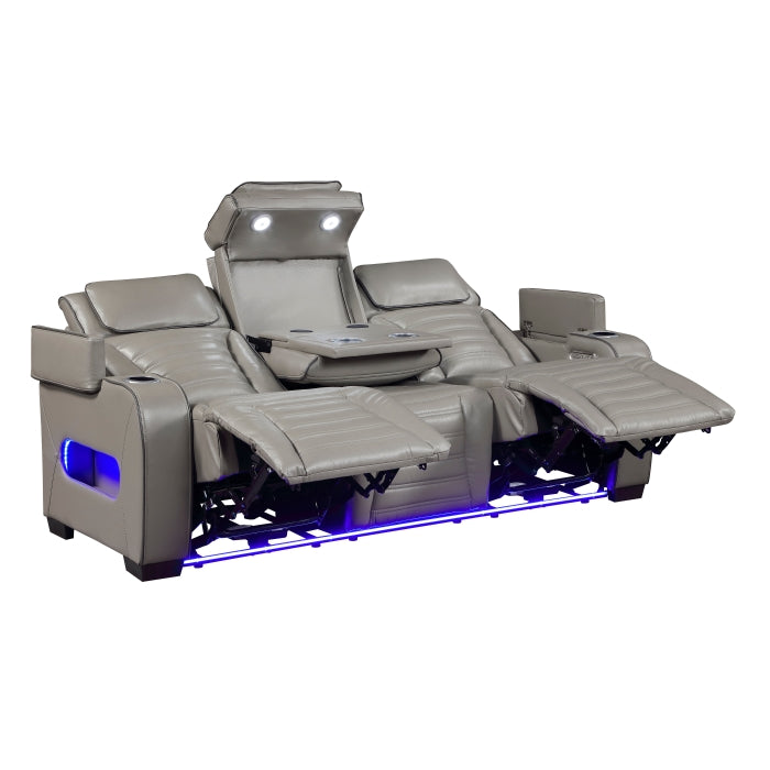 Cyber Power Double Reclining Sofa with Center Drop-Down Cup Holders, Power Headrests, Storage Arms(Top and Side) ,Cup holders, Reading Lights, Wireless Charger, Air Massage, Heat, LED Lighting and Charging Ports (8344GRY-3PWHM)