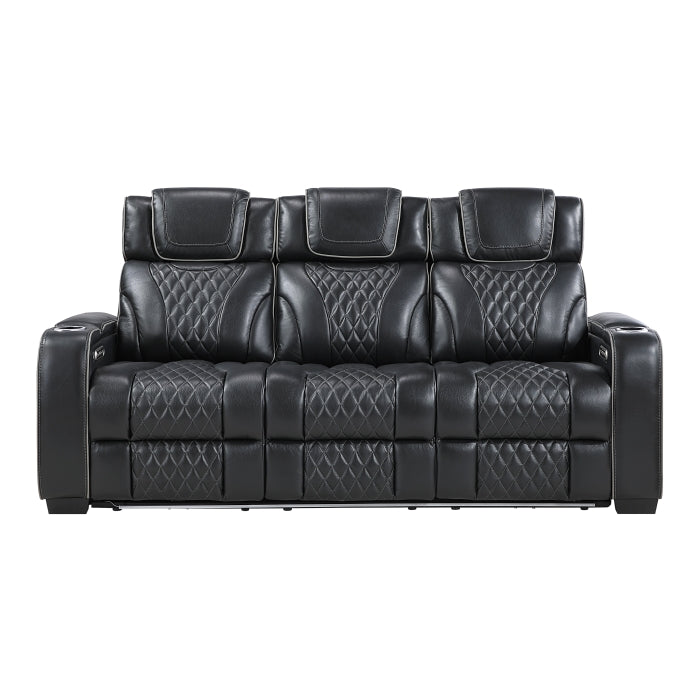 Apex Power Double Reclining Sofa with Center Drop-Down Cup Holders, Power Headrests, Storage Arms with Cup holders, Reading Lights, Wireless Charger, Air Massage and Heat, LED Lighting and Charging Ports (8449BK-3PWHM)
