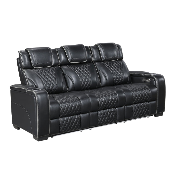 Apex Power Double Reclining Sofa with Center Drop-Down Cup Holders, Power Headrests, Storage Arms with Cup holders, Reading Lights, Wireless Charger, Air Massage and Heat, LED Lighting and Charging Ports (8449BK-3PWHM)