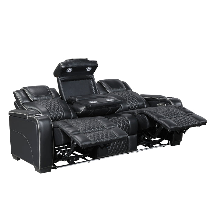 Apex Power Double Reclining Sofa with Center Drop-Down Cup Holders, Power Headrests, Storage Arms with Cup holders, Reading Lights, Wireless Charger, Air Massage and Heat, LED Lighting and Charging Ports (8449BK-3PWHM)