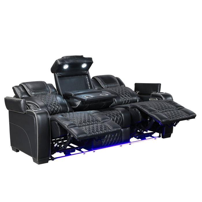 Apex Power Double Reclining Sofa with Center Drop-Down Cup Holders, Power Headrests, Storage Arms with Cup holders, Reading Lights, Wireless Charger, Air Massage and Heat, LED Lighting and Charging Ports (8449BK-3PWHM)