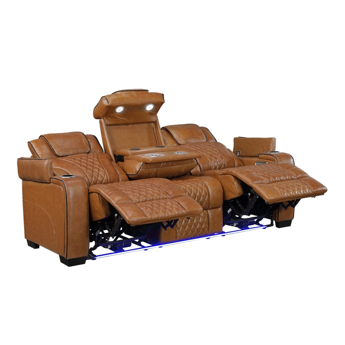 Apex Power Double Reclining Sofa with Center Drop-Down Cup Holders, Power Headrests, Storage Arms with Cup holders, Reading Lights, Wireless Charger, Air Massage and Heat, LED Lighting and Charging Ports (8449BR-3PWHM)