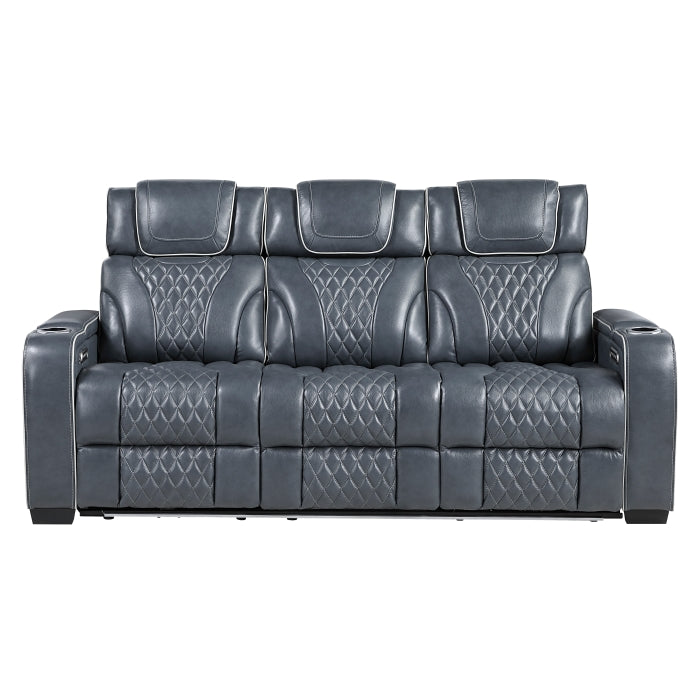 Apex Power Double Reclining Sofa with Center Drop-Down Cup Holders, Power Headrests, Storage Arms with Cup holders, Reading Lights, Wireless Charger, Air Massage and Heat, LED Lighting and Charging Ports (8449BU-3PWHM)