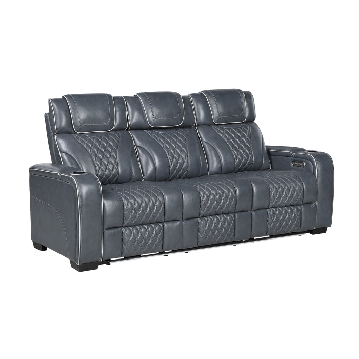 Apex Power Double Reclining Sofa with Center Drop-Down Cup Holders, Power Headrests, Storage Arms with Cup holders, Reading Lights, Wireless Charger, Air Massage and Heat, LED Lighting and Charging Ports (8449BU-3PWHM)