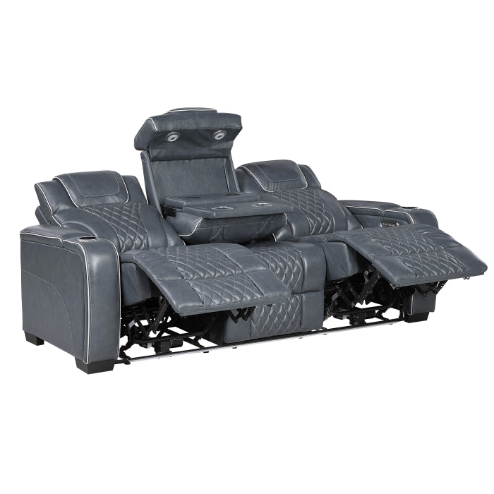 Apex Power Double Reclining Sofa with Center Drop-Down Cup Holders, Power Headrests, Storage Arms with Cup holders, Reading Lights, Wireless Charger, Air Massage and Heat, LED Lighting and Charging Ports (8449BU-3PWHM)