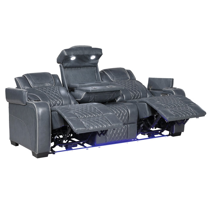 Apex Power Double Reclining Sofa with Center Drop-Down Cup Holders, Power Headrests, Storage Arms with Cup holders, Reading Lights, Wireless Charger, Air Massage and Heat, LED Lighting and Charging Ports (8449BU-3PWHM)