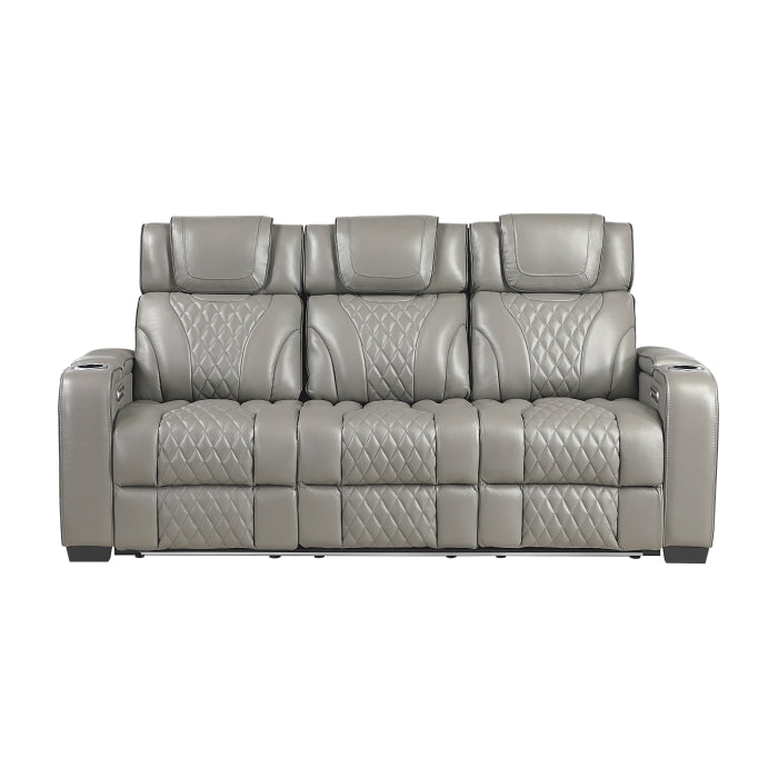 Apex Power Double Reclining Sofa with Center Drop-Down Cup Holders, Power Headrests, Storage Arms with Cup holders, Reading Lights, Wireless Charger, Air Massage and Heat, LED Lighting and Charging Ports (8449GY-3PWHM)