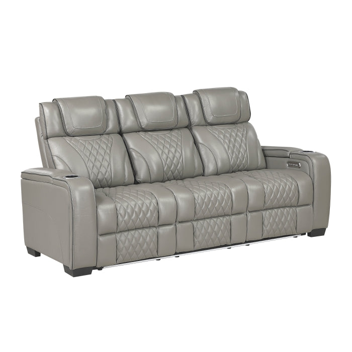 Apex Power Double Reclining Sofa with Center Drop-Down Cup Holders, Power Headrests, Storage Arms with Cup holders, Reading Lights, Wireless Charger, Air Massage and Heat, LED Lighting and Charging Ports (8449GY-3PWHM)