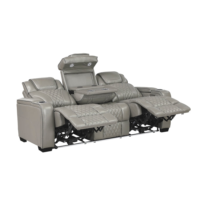 Apex Power Double Reclining Sofa with Center Drop-Down Cup Holders, Power Headrests, Storage Arms with Cup holders, Reading Lights, Wireless Charger, Air Massage and Heat, LED Lighting and Charging Ports (8449GY-3PWHM)