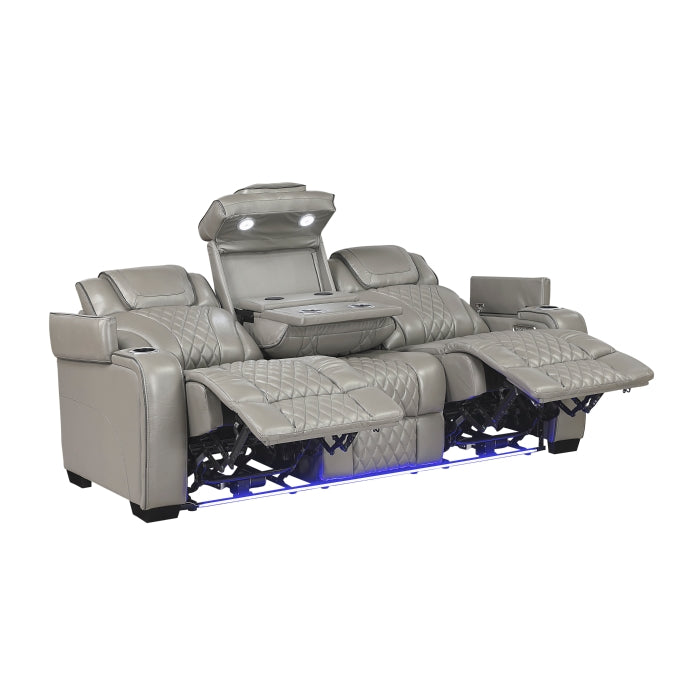 Apex Power Double Reclining Sofa with Center Drop-Down Cup Holders, Power Headrests, Storage Arms with Cup holders, Reading Lights, Wireless Charger, Air Massage and Heat, LED Lighting and Charging Ports (8449GY-3PWHM)