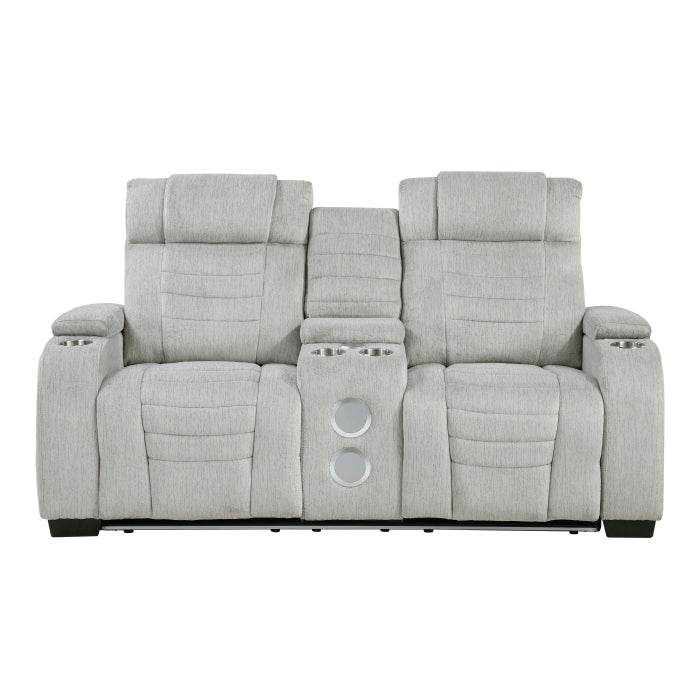 Ronan Double Reclining Love Seat with Center Console, Wireless Speakers, Storage Arms, Cup holders and LED