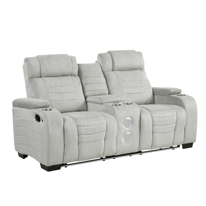 Ronan Double Reclining Love Seat with Center Console, Wireless Speakers, Storage Arms, Cup holders and LED