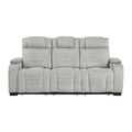 Ronan Double Reclining Sofa with Center Drop-Down Cup Holders, Storage Arms, Cup Holders, Reading Lights, Magazine Bag, Receptacles, Charging Ports and LED
