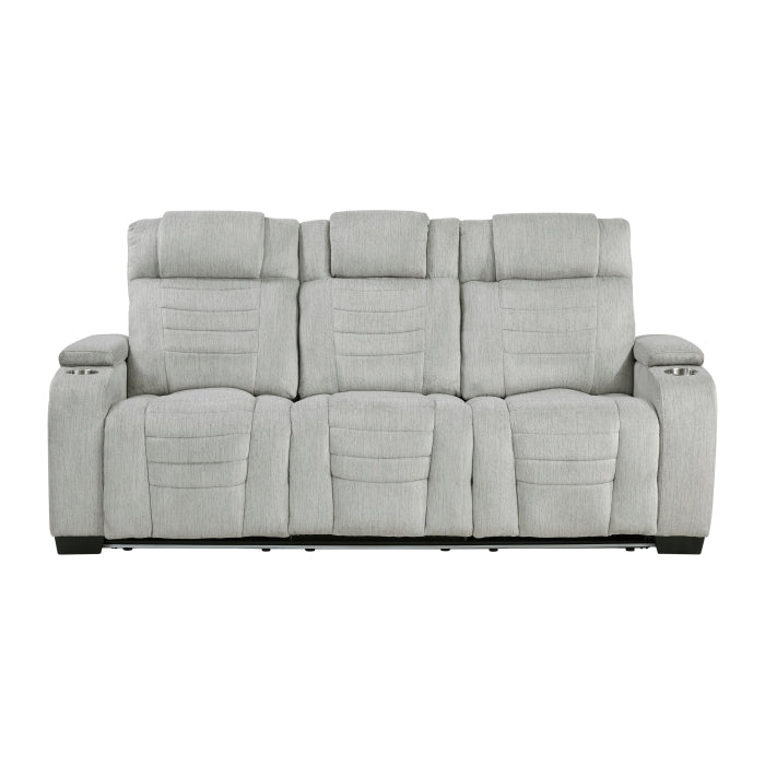 Ronan Double Reclining Sofa with Center Drop-Down Cup Holders, Storage Arms, Cup Holders, Reading Lights, Magazine Bag, Receptacles, Charging Ports and LED