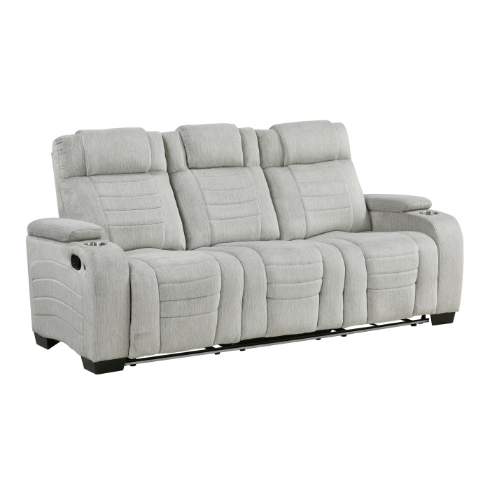 Ronan Double Reclining Sofa with Center Drop-Down Cup Holders, Storage Arms, Cup Holders, Reading Lights, Magazine Bag, Receptacles, Charging Ports and LED