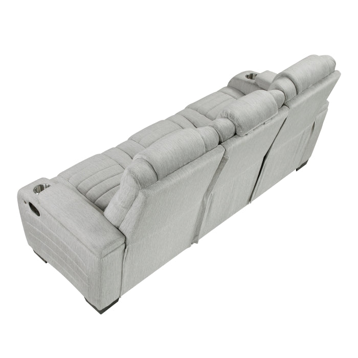 Ronan Double Reclining Sofa with Center Drop-Down Cup Holders, Storage Arms, Cup Holders, Reading Lights, Magazine Bag, Receptacles, Charging Ports and LED
