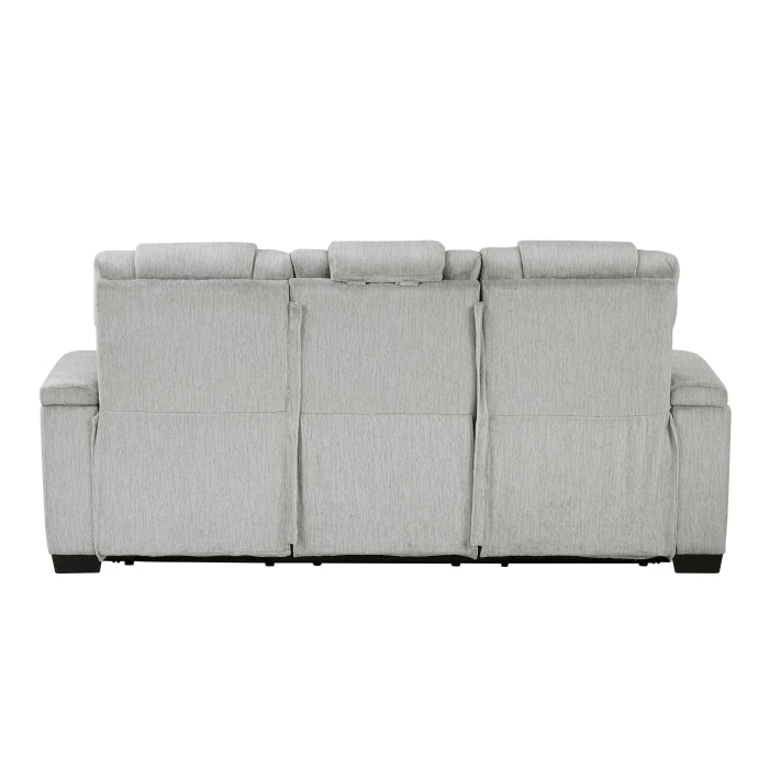 Ronan Double Reclining Sofa with Center Drop-Down Cup Holders, Storage Arms, Cup Holders, Reading Lights, Magazine Bag, Receptacles, Charging Ports and LED