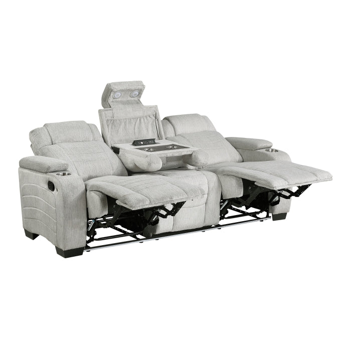 Ronan Double Reclining Sofa with Center Drop-Down Cup Holders, Storage Arms, Cup Holders, Reading Lights, Magazine Bag, Receptacles, Charging Ports and LED