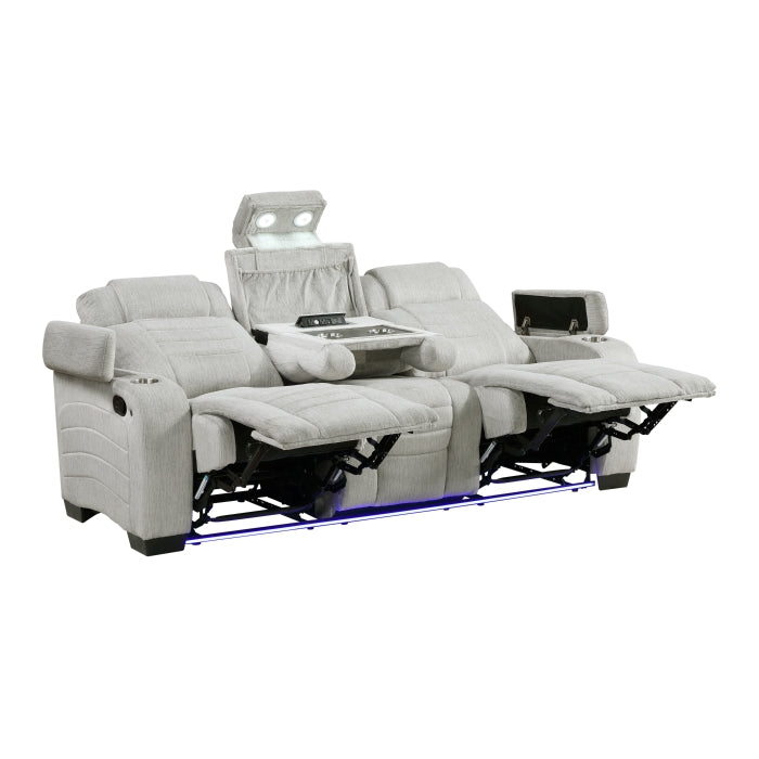 Ronan Double Reclining Sofa with Center Drop-Down Cup Holders, Storage Arms, Cup Holders, Reading Lights, Magazine Bag, Receptacles, Charging Ports and LED