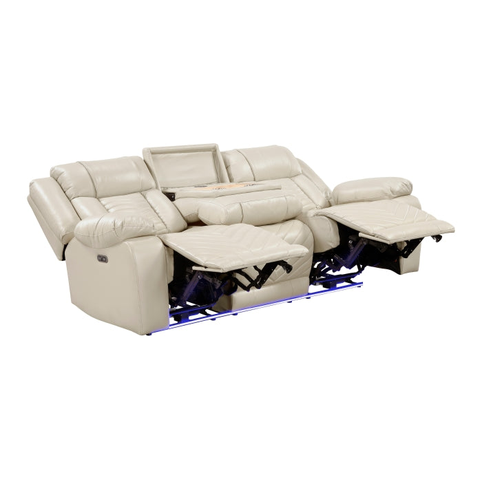 Huron Power Double Reclining Sofa with Center Drop-Down Cup Holders, Wireless Charger, Magazine Bag, LED and Charging Ports (8457BEG-3PW)