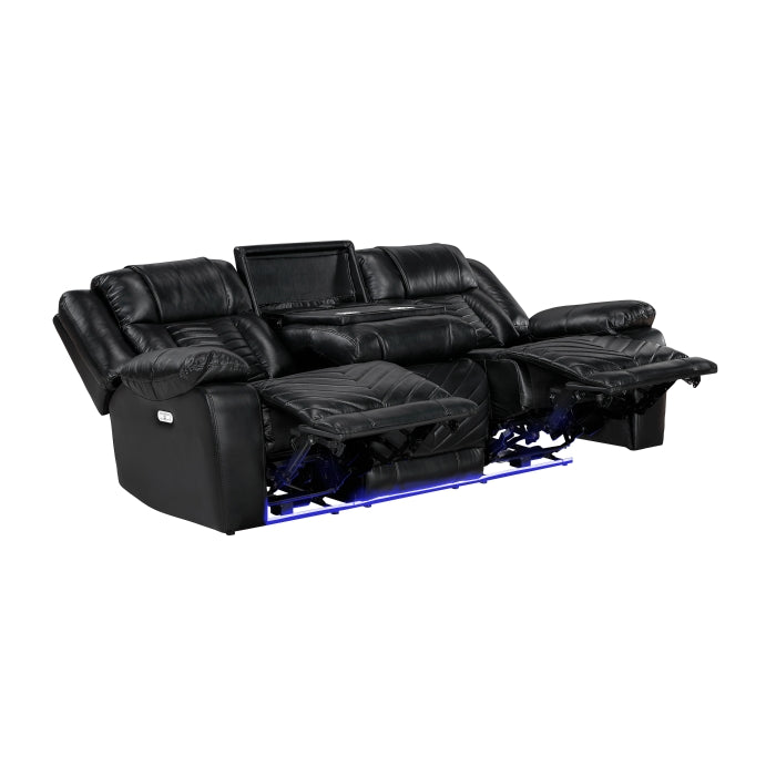 Huron Power Double Reclining Sofa with Center Drop-Down Cup Holders, Wireless Charger, Magazine Bag, LED and Charging Ports (8457BLK-3PW)