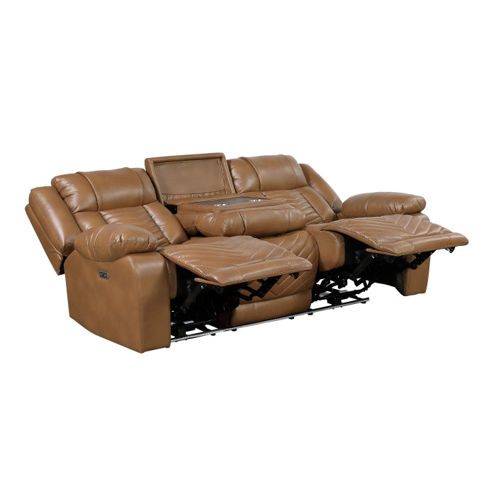 Huron Power Double Reclining Sofa with Center Drop-Down Cup Holders, Wireless Charger, Magazine Bag, LED and Charging Ports (8457BRW-3PW)