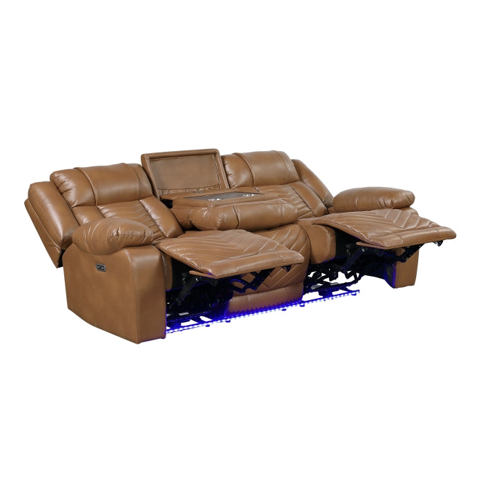 Huron Power Double Reclining Sofa with Center Drop-Down Cup Holders, Wireless Charger, Magazine Bag, LED and Charging Ports (8457BRW-3PW)